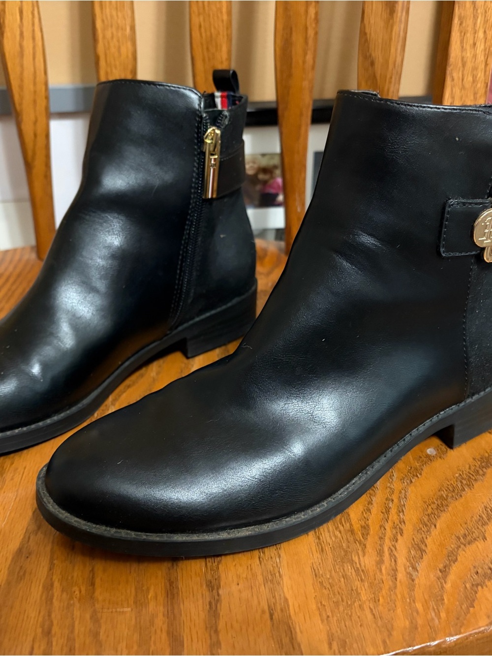 Tommy Hilfiger Black Leather Ankle Booties with Gold Accent